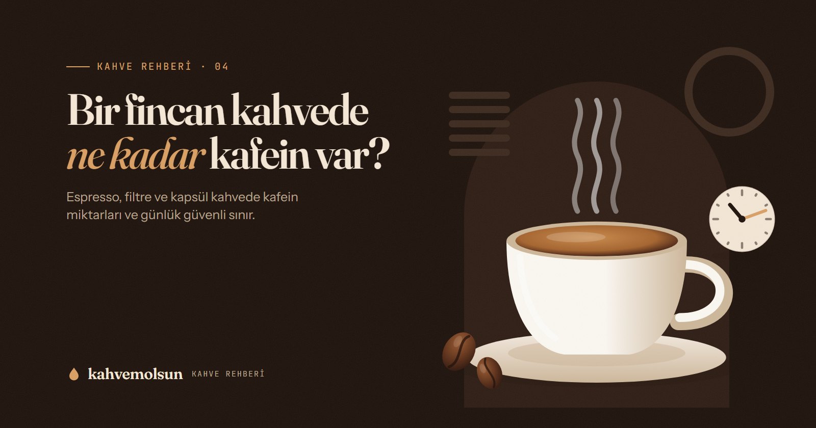Buharı tüten espresso fincanı ve saat illüstrasyonuyla kahvede kafein rehberi kapağı