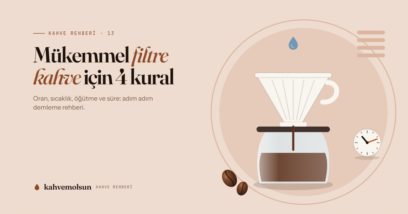 V60 demleme konisi, cam sürahi, saat ve kahve çekirdekleriyle filtre kahve demleme illüstrasyonu