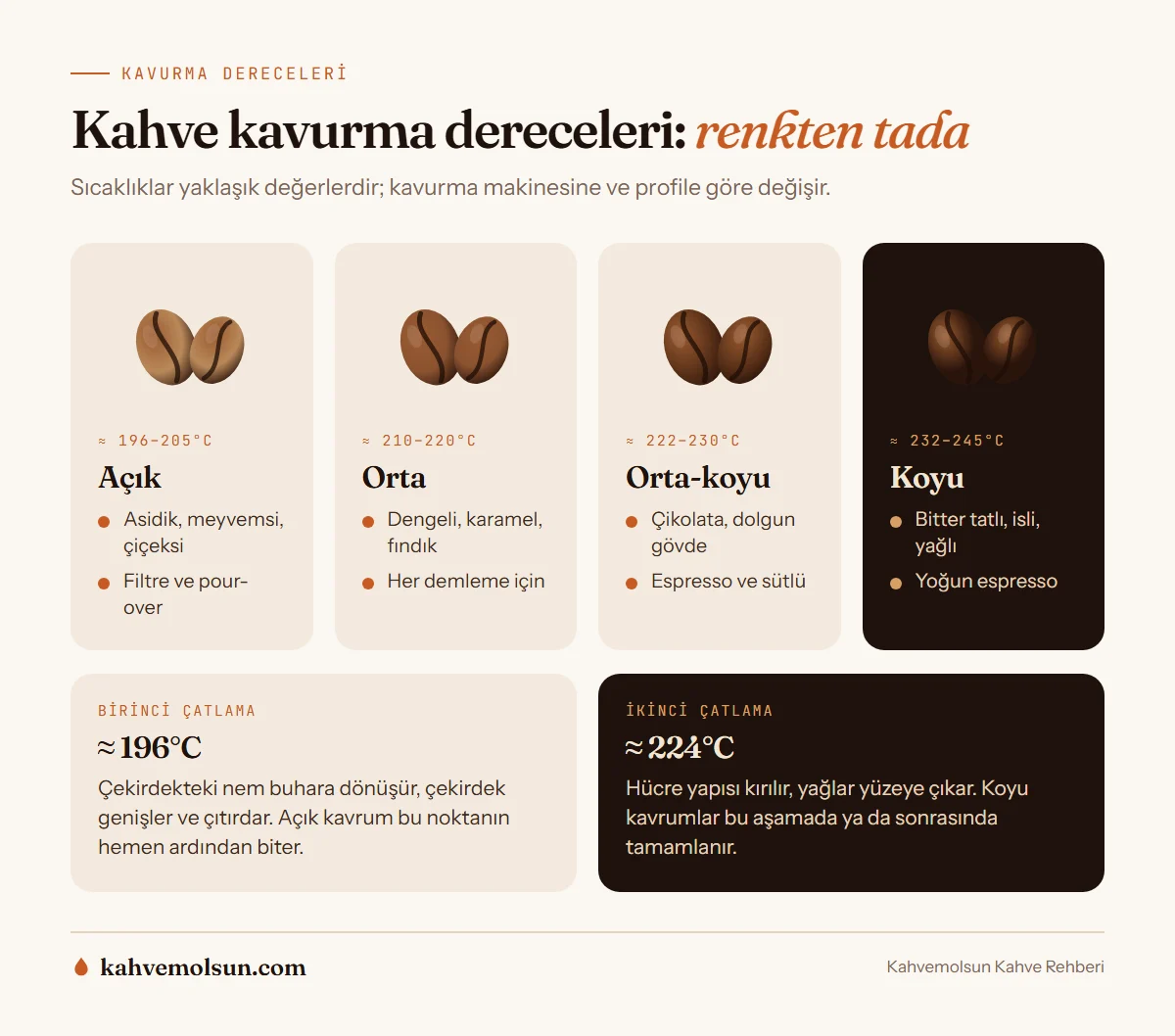 Açık, orta, orta-koyu ve koyu kahve kavurma derecelerinin renk, sıcaklık, tat ve kullanım özelliklerini gösteren infografik