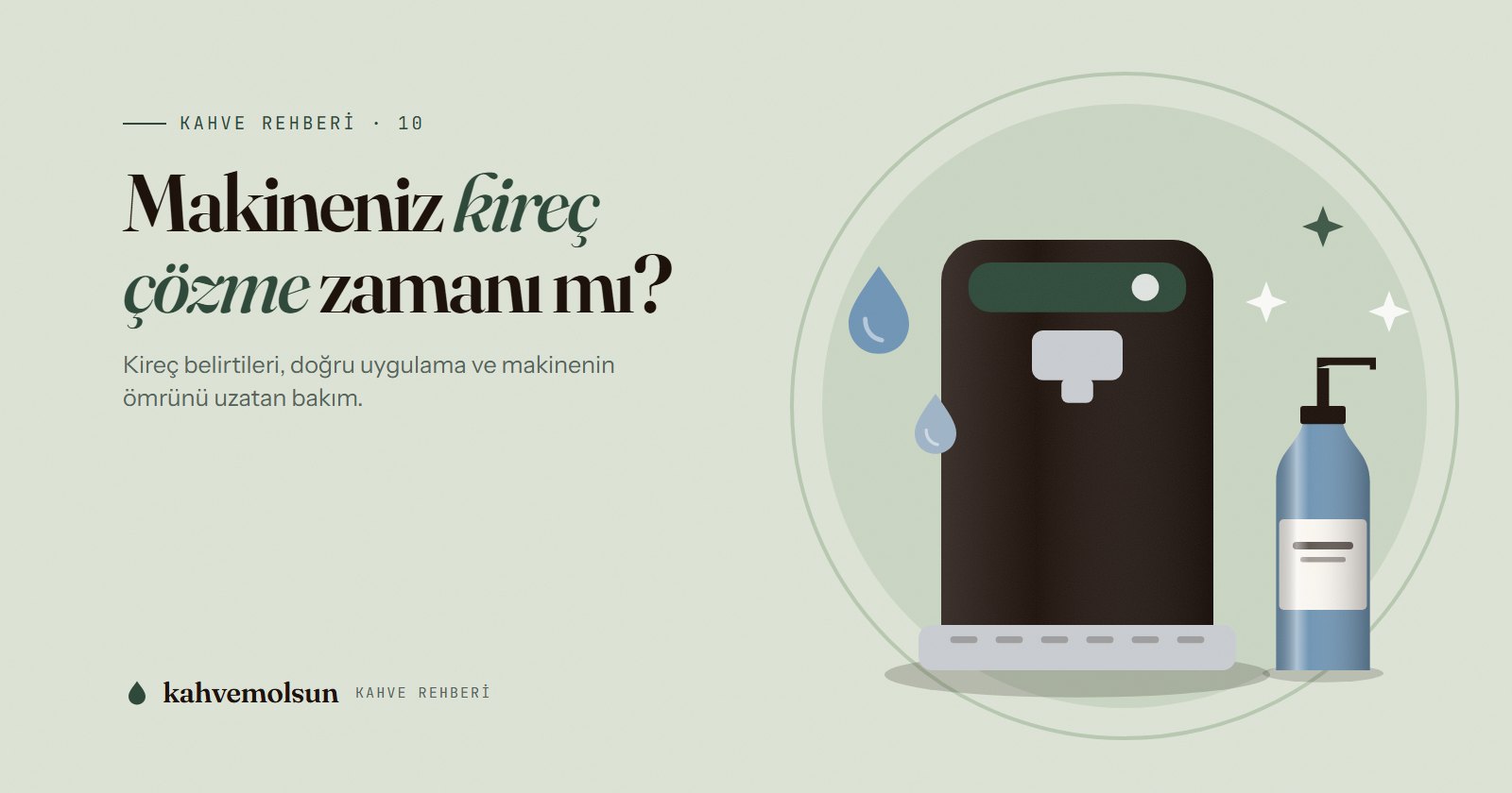 Kapsül kahve makinesi, kireç çözücü şişe, su damlaları ve parıltılarla kireç çözme rehberi illüstrasyonu