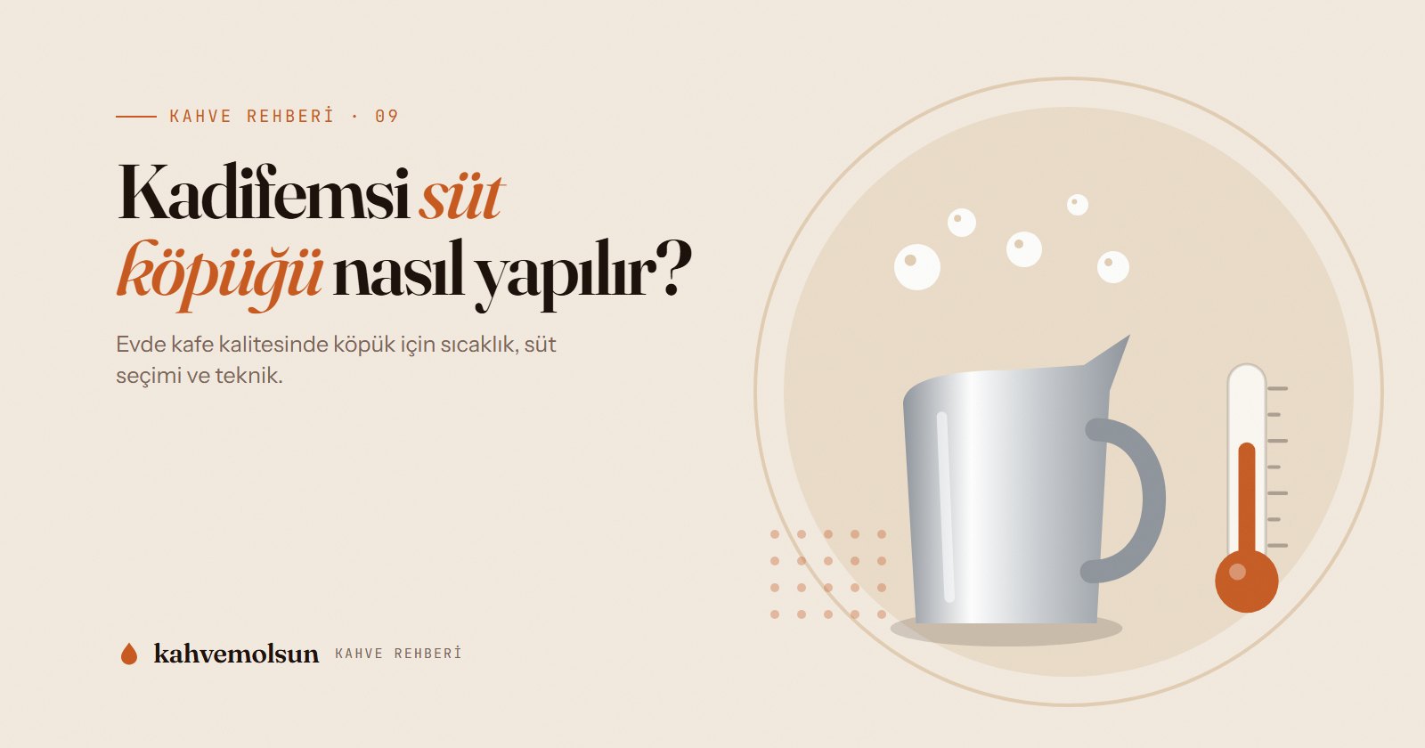 Paslanmaz çelik süt potu, termometre ve süt köpüğü baloncuklarıyla süt köpürtme rehberi illüstrasyonu