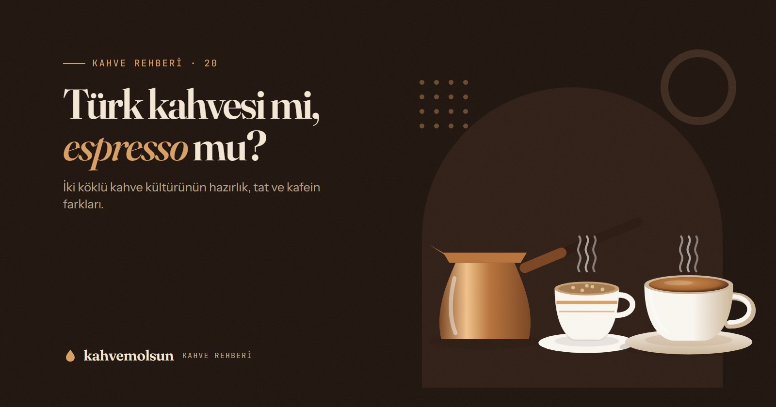 Bakır cezve, köpüklü Türk kahvesi fincanı ve espresso fincanını yan yana gösteren illüstrasyon