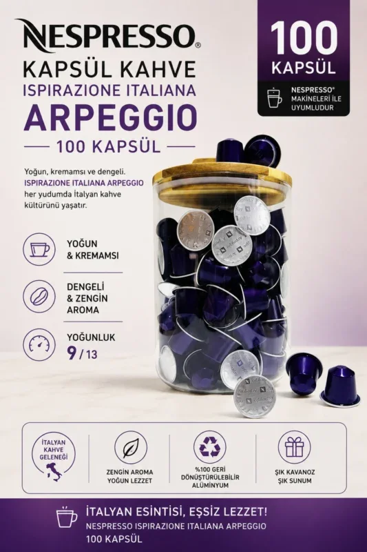 Nespresso Kapsül Kahve Arpeggio 100 Kapsül + Cam Saklama Kutusu Hediyeli