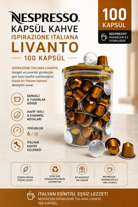 Nespresso Kapsül Kahve Livanto 100 Kapsül + Cam Saklama Kutusu Hediyeli