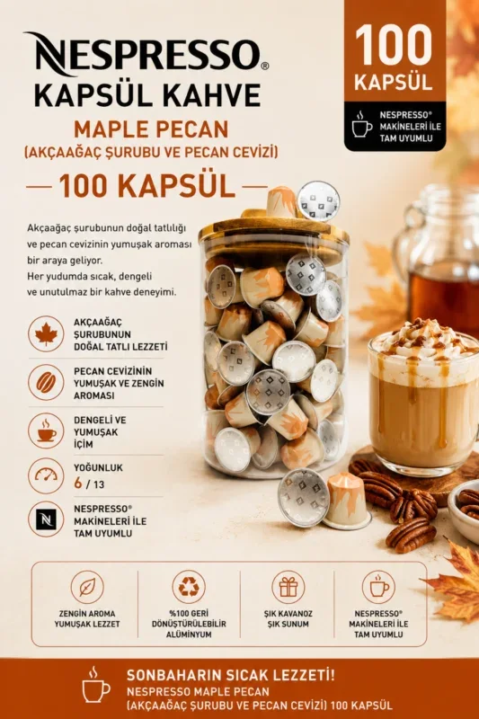 Nespresso Kapsül Kahve Maple Pecan 100 Kapsül + Cam Saklama Kutusu Hediyeli