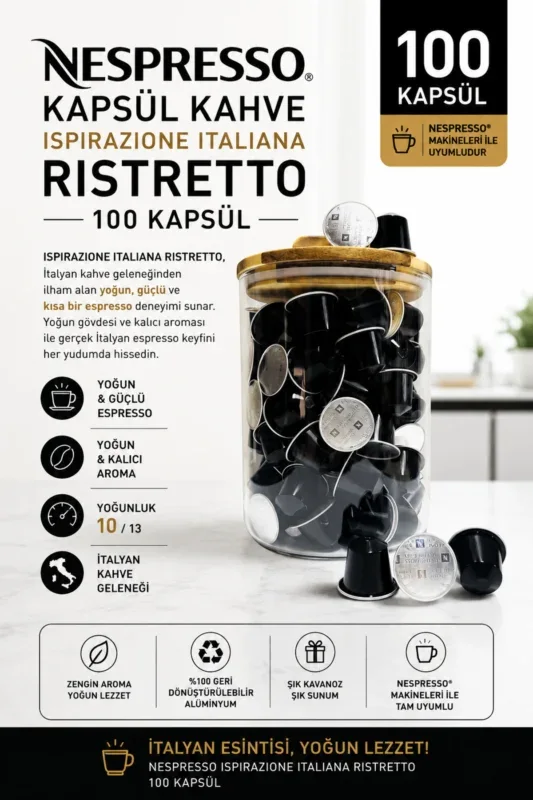 Nespresso Kapsül Kahve Ristretto 100 Kapsül + Cam Saklama Kutusu Hediyeli