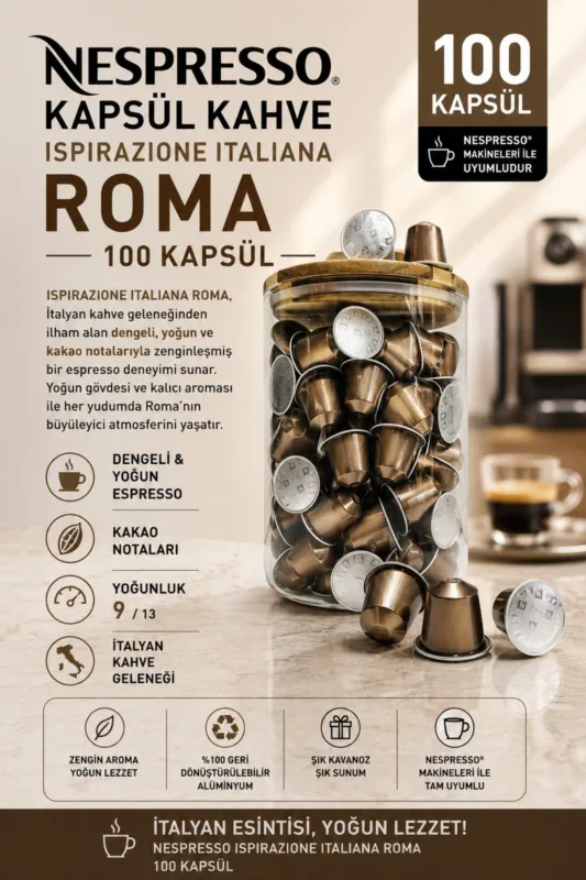 Nespresso Kapsül Kahve Roma 100 Kapsül + Cam Saklama Kutusu Hediyeli