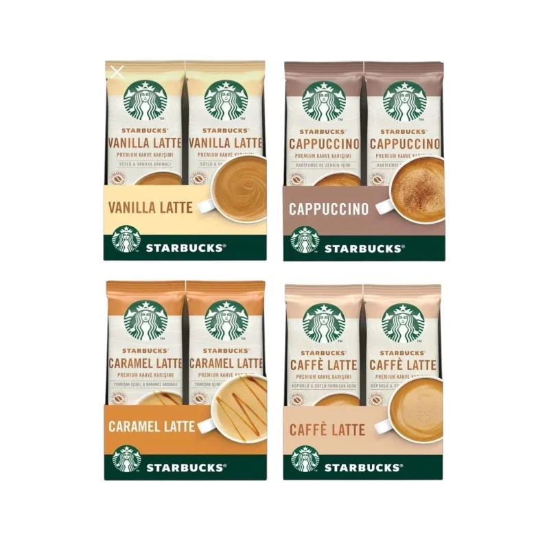 Starbucks Karışık Kahve Çeşitleri (Vanilla Latte, Cappuccino, Caramel Latte, Caffè Latte) Pratik Hazır Paketler